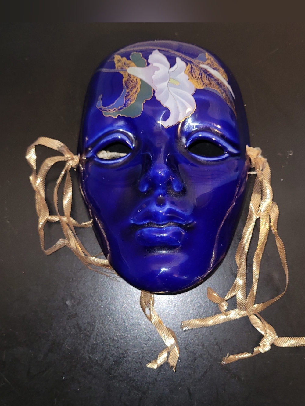 Vintage Cobalt Blue Ceramic Pierrot Masquerade Mask - Gold Floral Detail